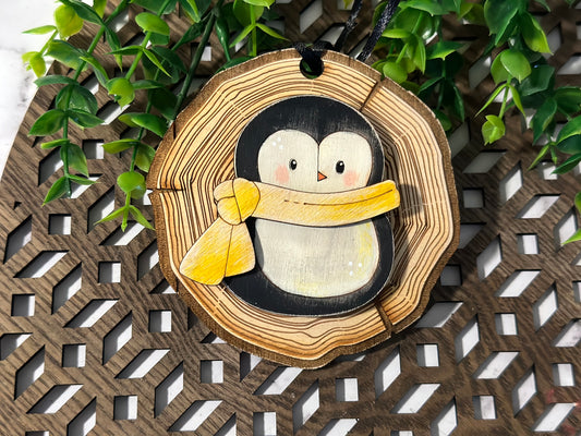 Penguin wood slice ornament